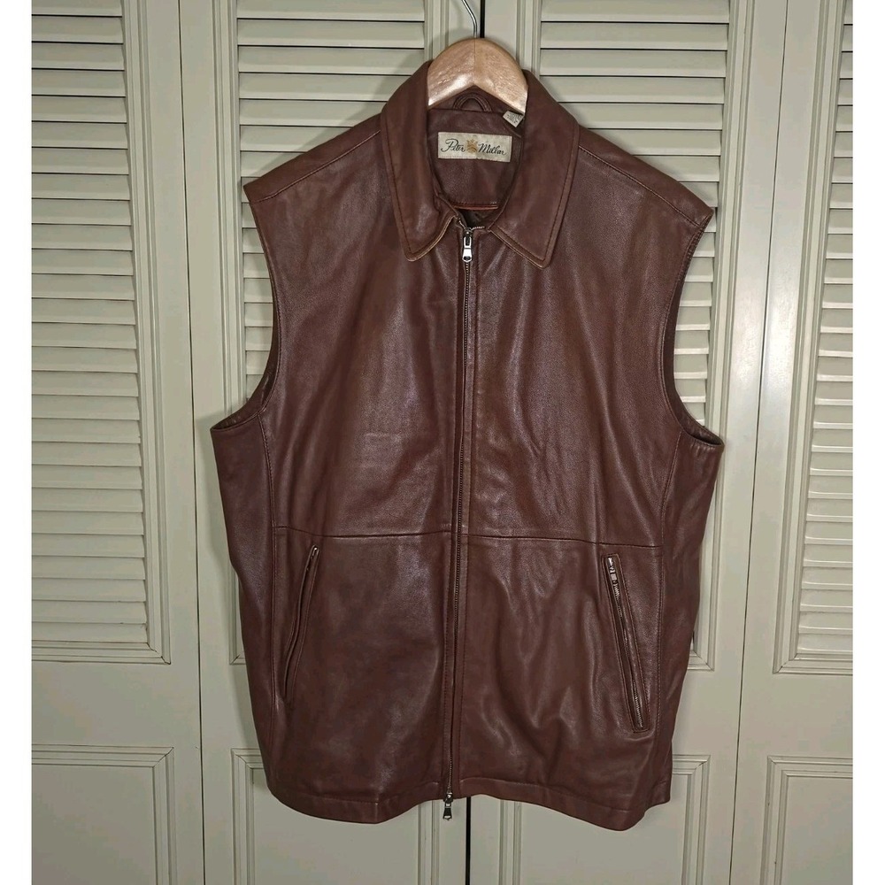 Vintage Peter Millar Brown Lamb Leather Vest Full Zip Mens Large Soft Suptle